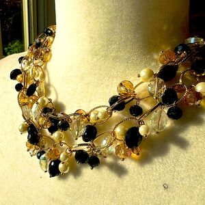 HTF Jay Strongwater 🖤💛 Beaded Toggle Crystal Gold Pearl 💛🖤 36” Necklace WoW!